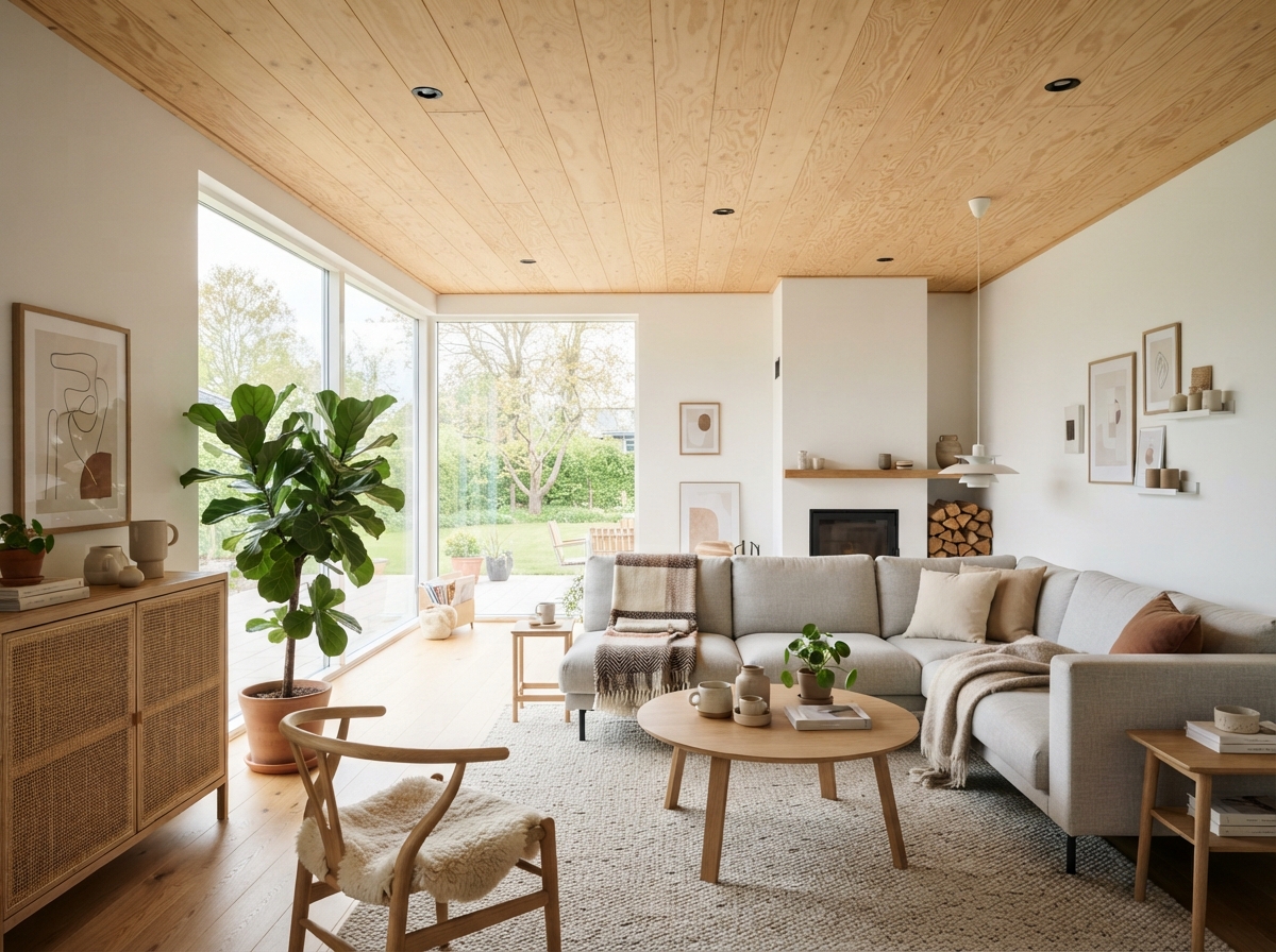Beautiful natural plywood ceiling in a modern minimalist living room with warm wood tones.