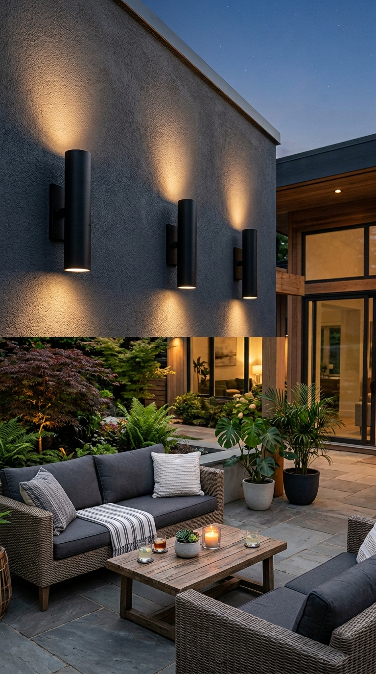 Modern wall sconces mounted on an outdoor patio wall