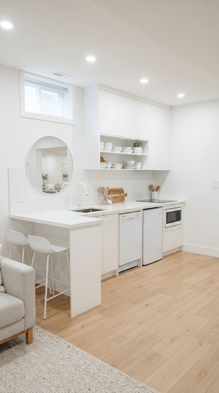 Modern minimalist white basement kitchenette design