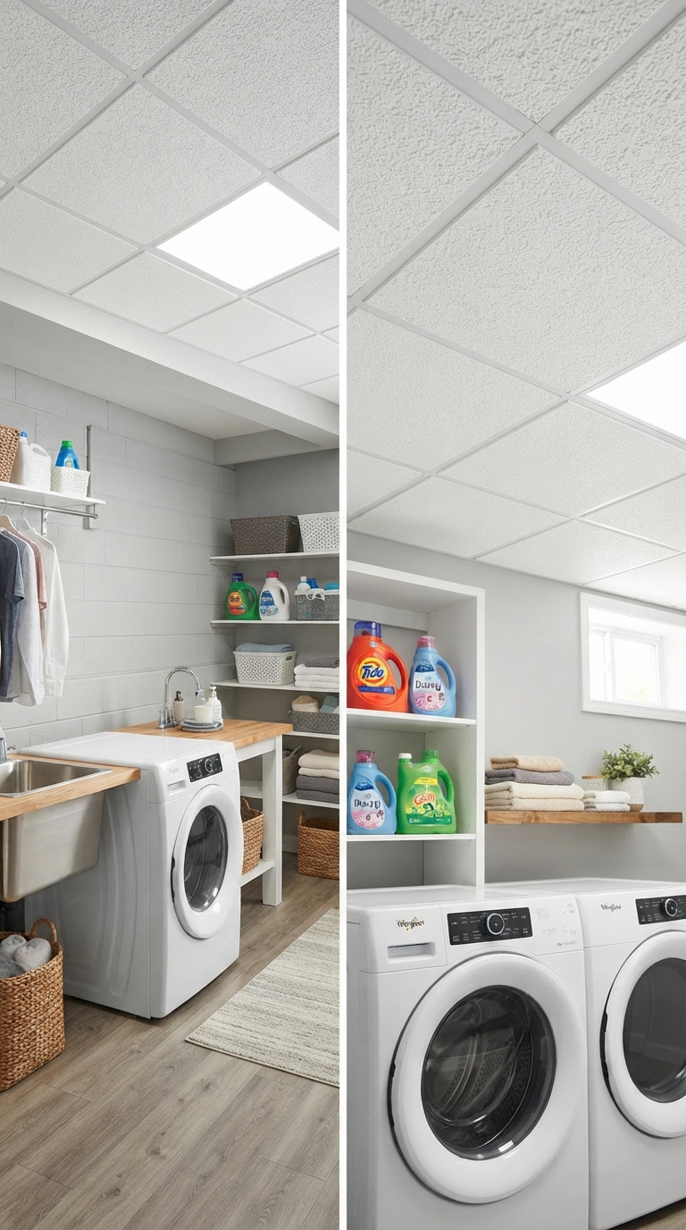 Moisture-resistant drop ceiling tiles in a basement laundry area