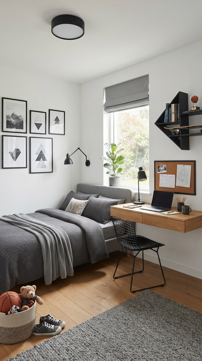 Monochromatic minimalist boy's bedroom in gray tones.