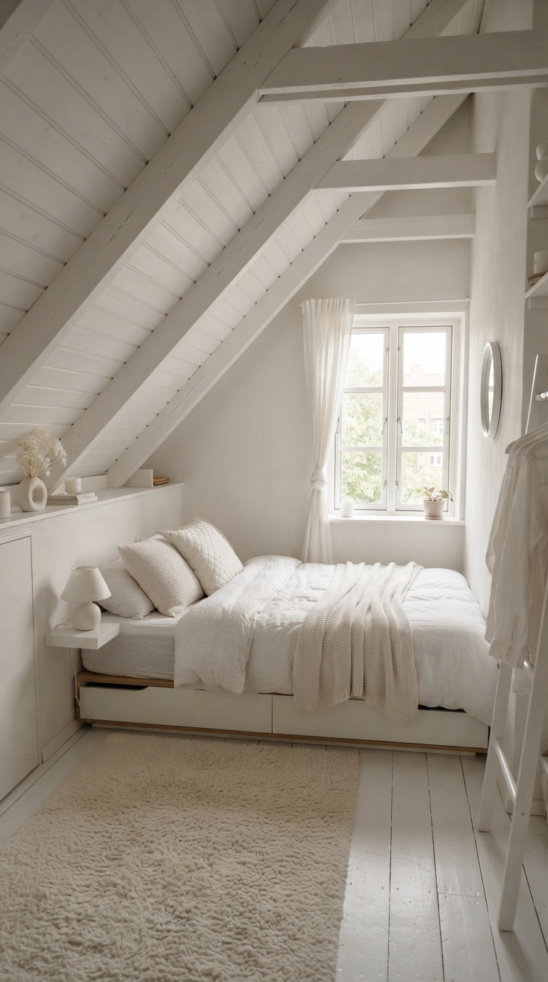 All-white small attic bedroom with slanted ceiling and low platform bed