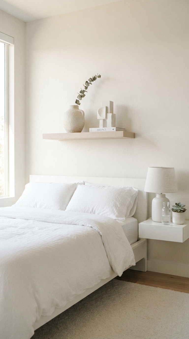 Monochrome white bedroom shelf styling idea
