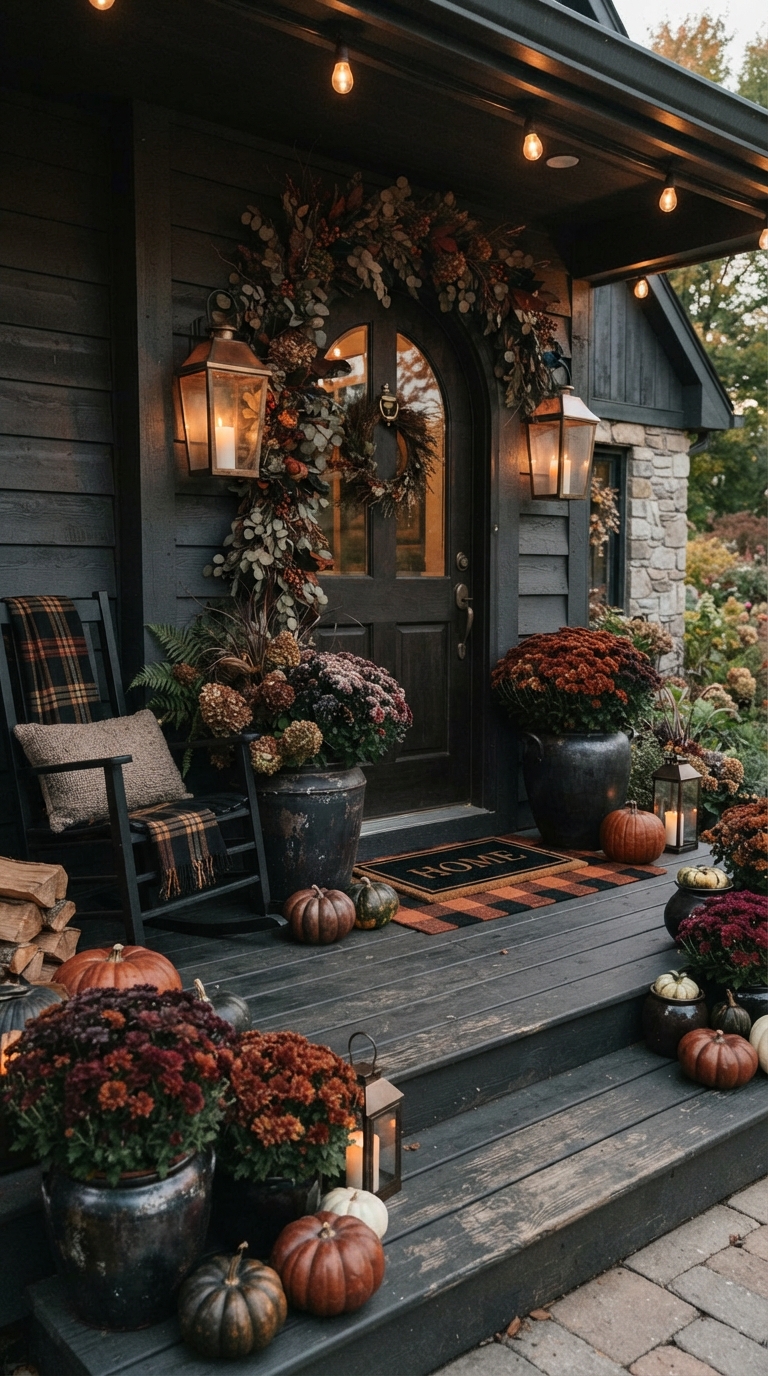 Moody black and rust color palette fall front porch decor