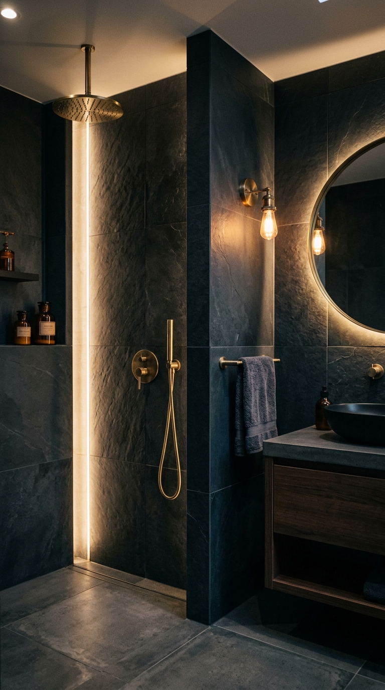 Charcoal tile bathroom wall with brass fixtures and warm lighting
