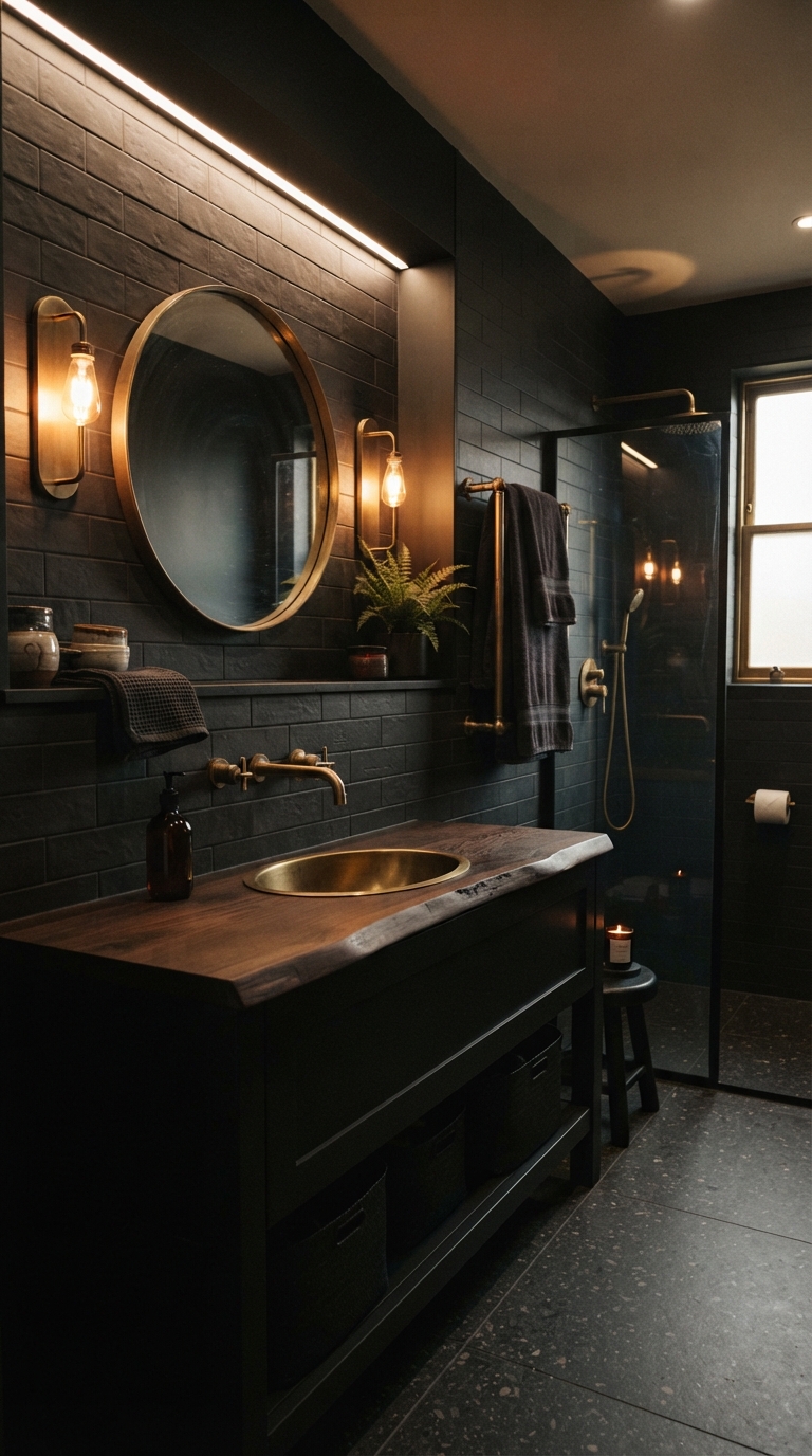 Moody dark aesthetic bathroom with matte black tile and brass accents