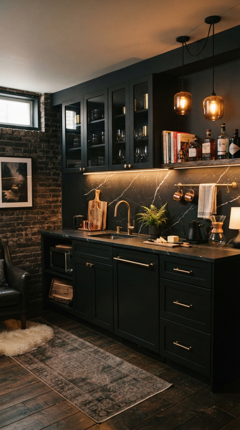 Moody dark basement kitchenette idea with matte black cabinets