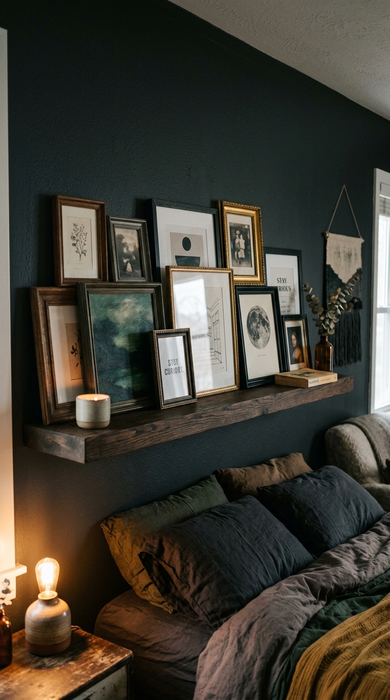 Moody gallery-style bedroom shelf with framed art