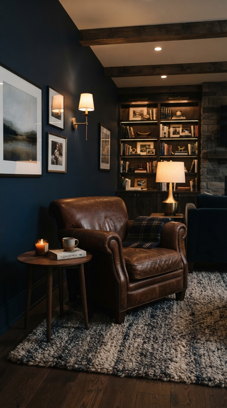 Moody navy basement retreat with warm brass lighting
