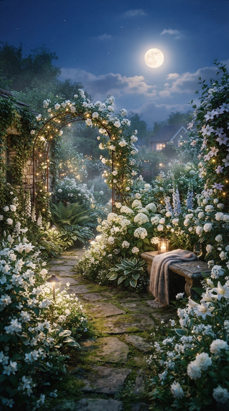 Moonlight garden corner featuring white flowers and soft lighting.