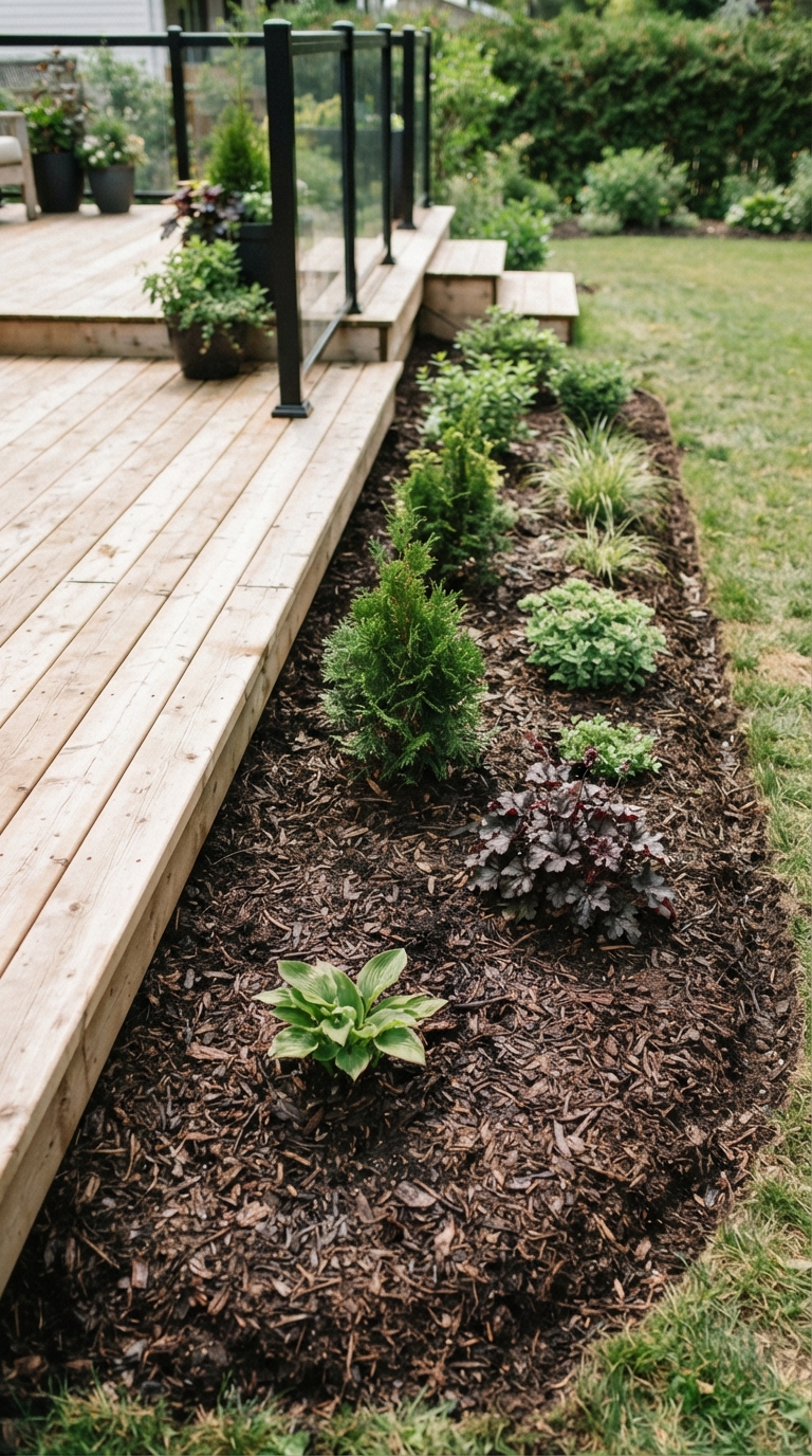 Contrasting mulch bed with shrubs bordering backyard deck