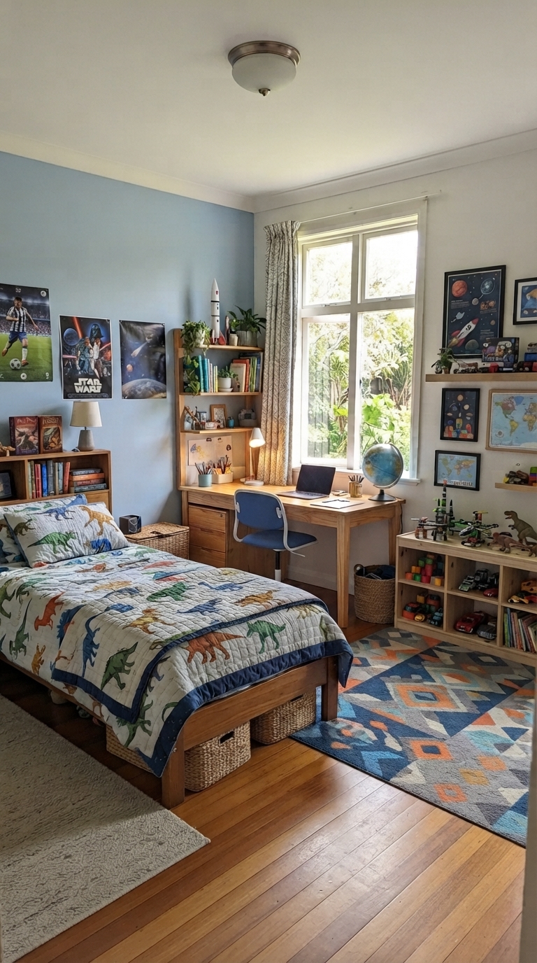 Multi-functional boy's bedroom with bed, play, and study zones