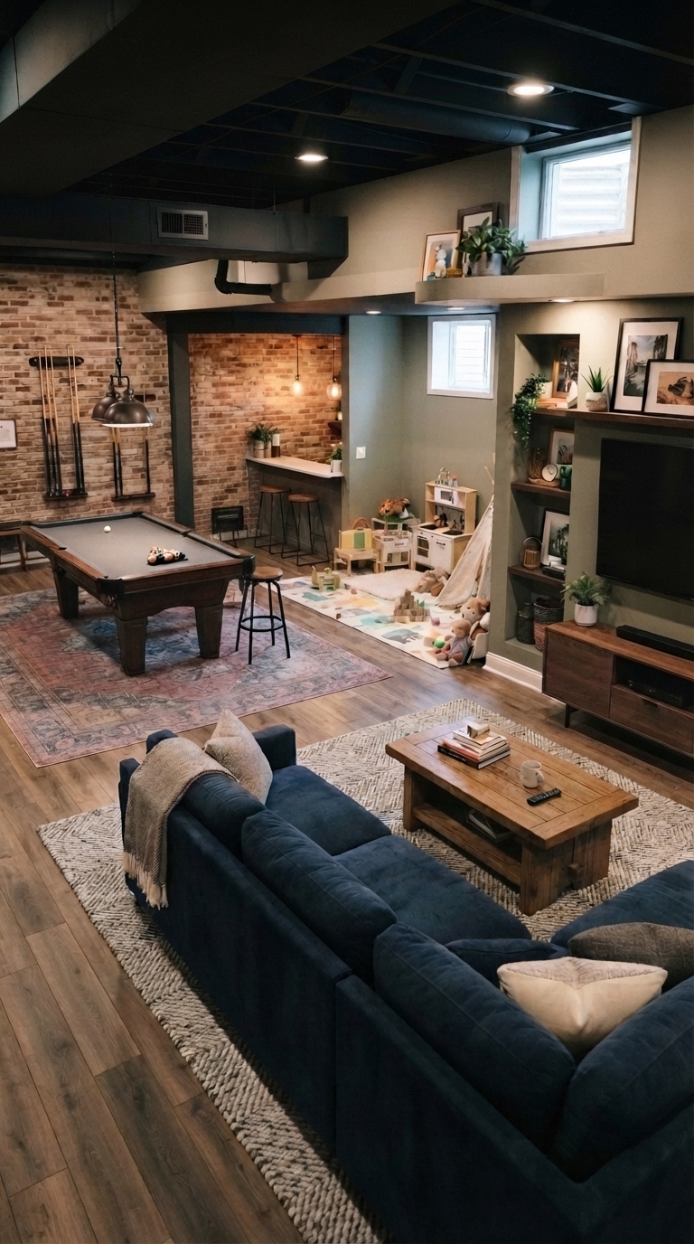 Multi-zone basement family hangout with defined lounge and play areas