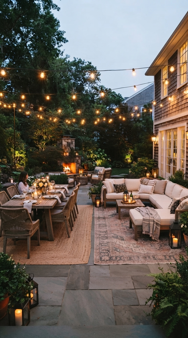 Large backyard patio with separate dining and lounge zones