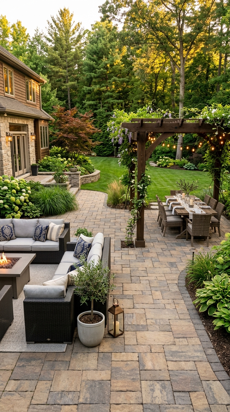 Multi-zone paver patio with separate dining and lounge areas