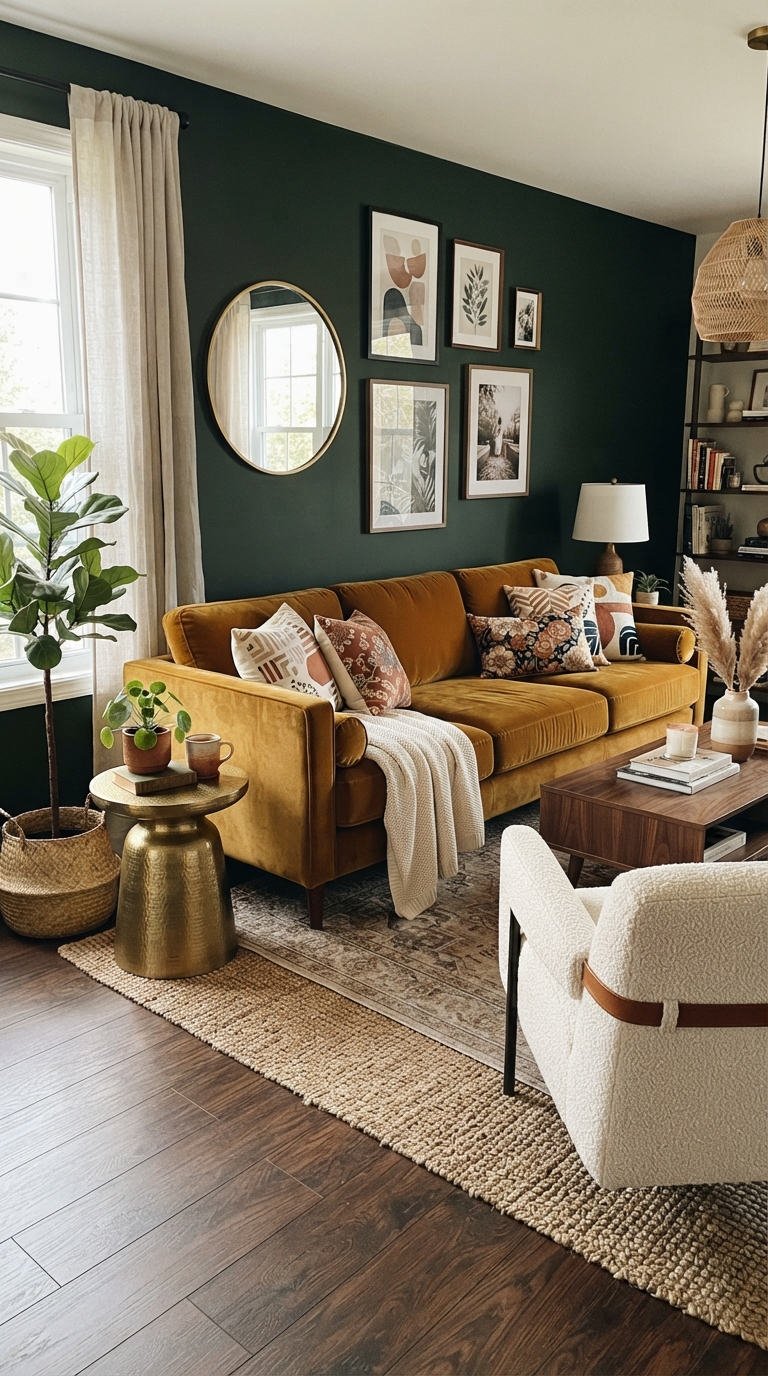 Mustard velvet sofa styled against a dark green accent wall