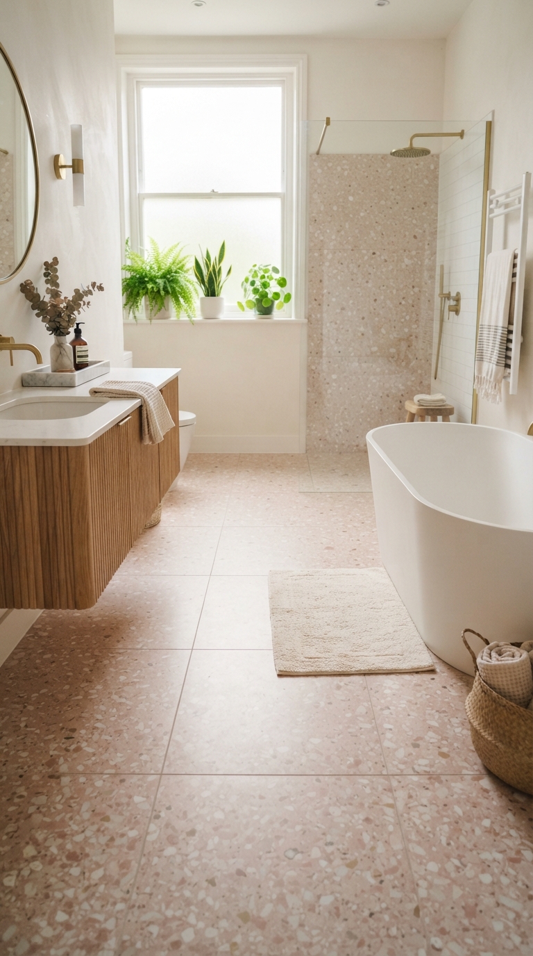 Muted pink terrazzo tile floor in a chic modern bathroom