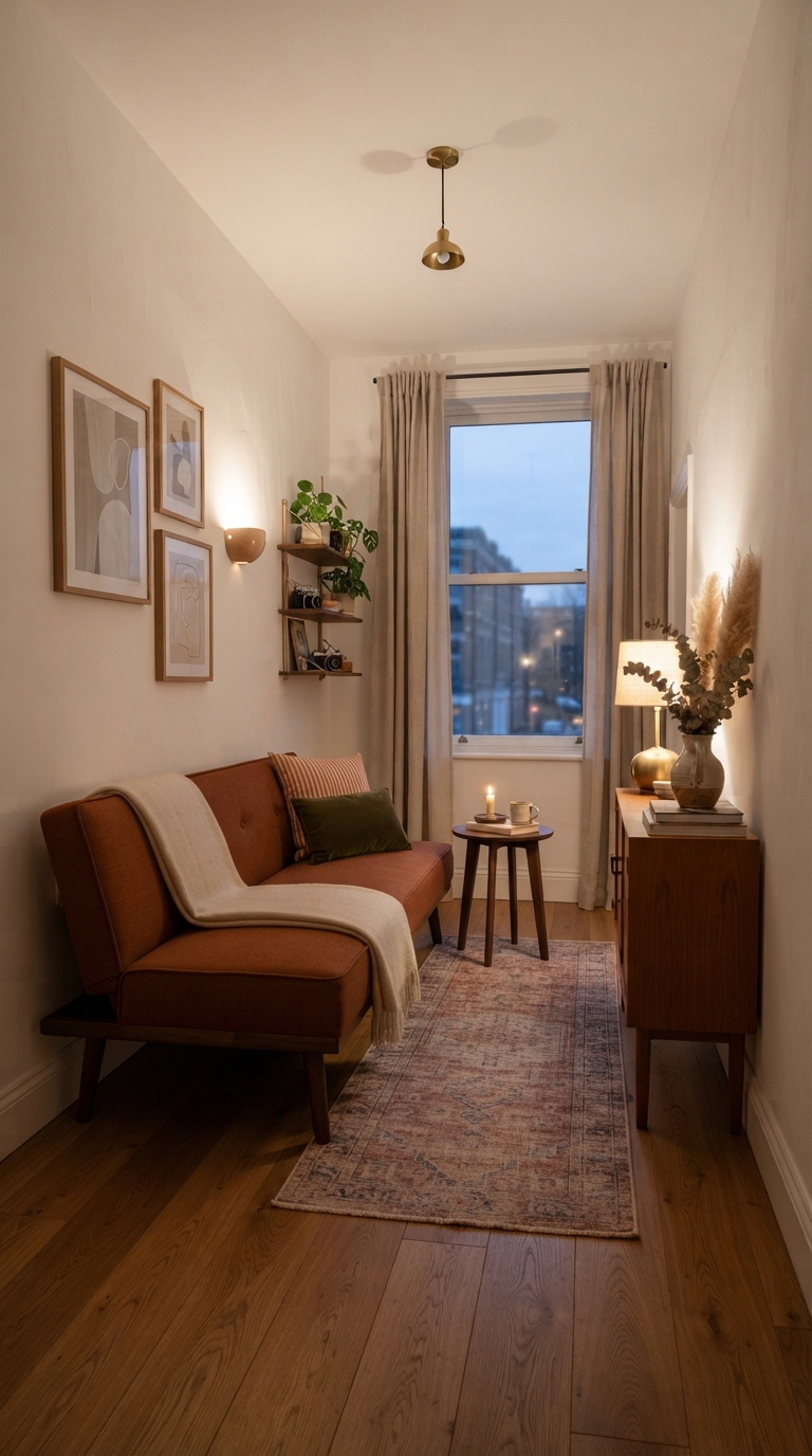 Armless furniture idea for a narrow rectangular living room