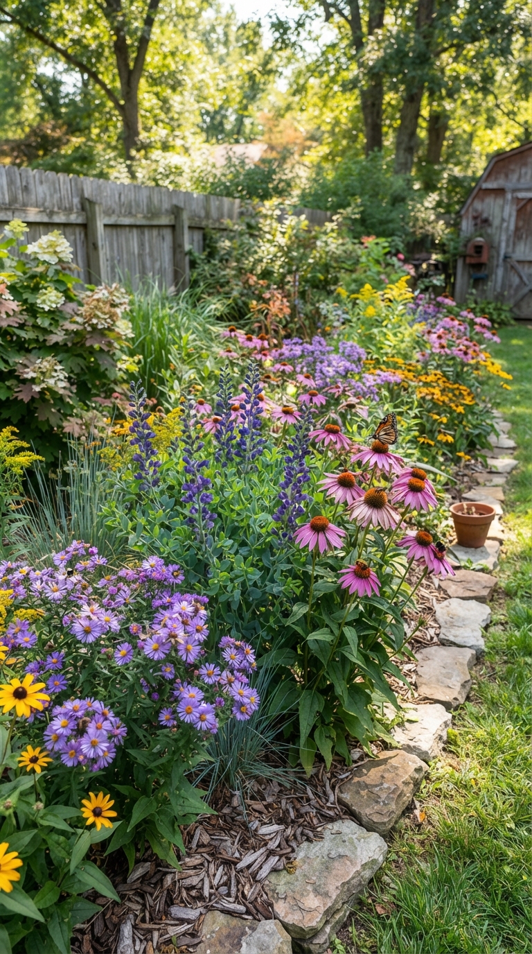 Small native plant flower bed with wild indigo and purple coneflower