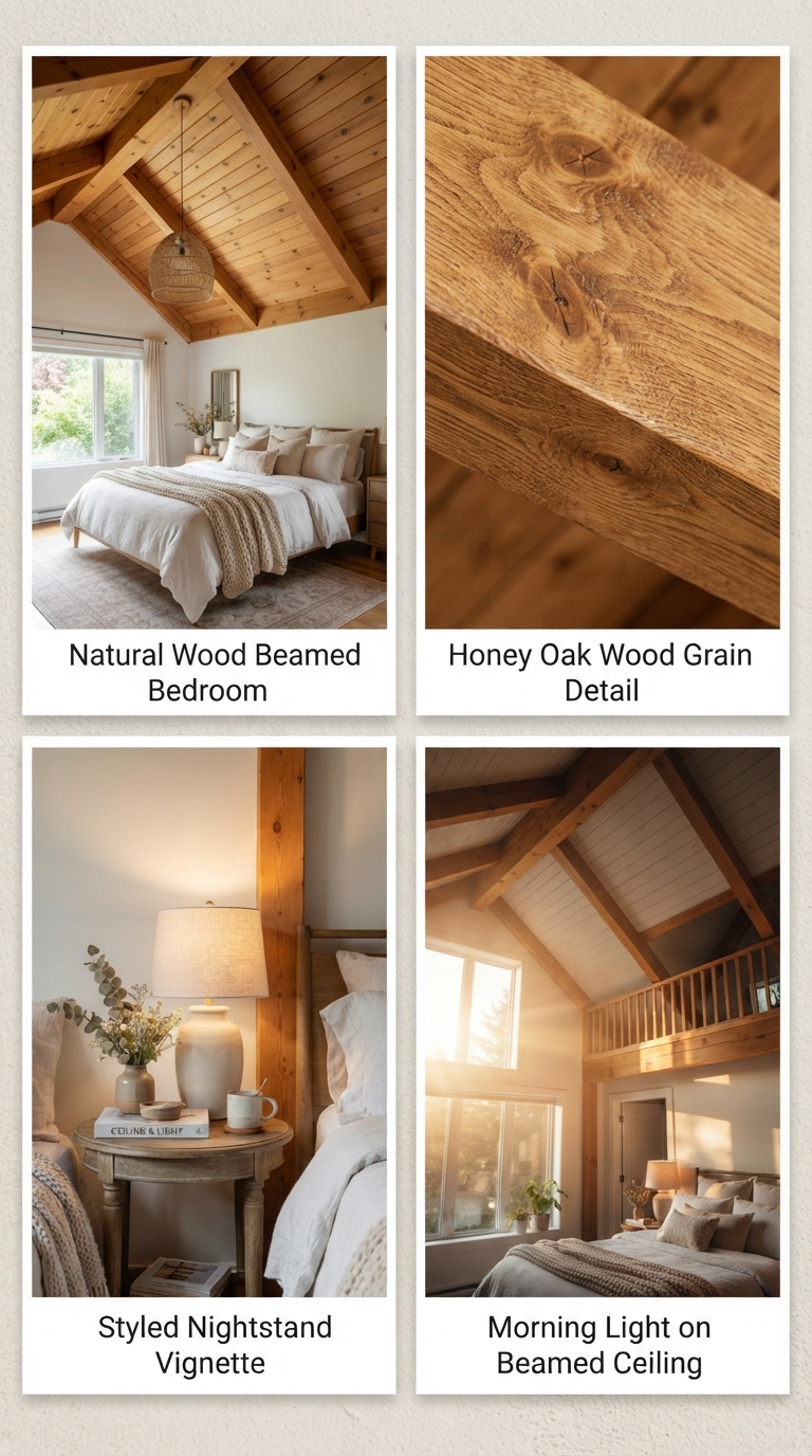 Collage of natural honey oak wood beams in a vaulted bedroom ceiling