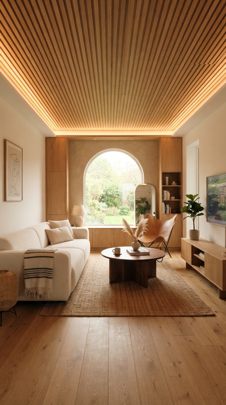 Natural oak wood slat ceiling in a modern living room
