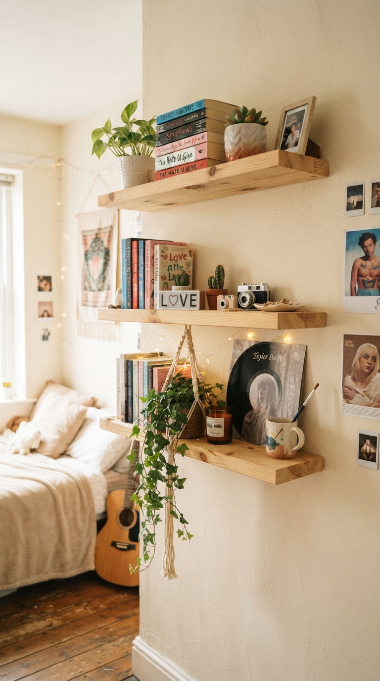 Natural pine floating shelves styled with decor in a teen girl bedroom