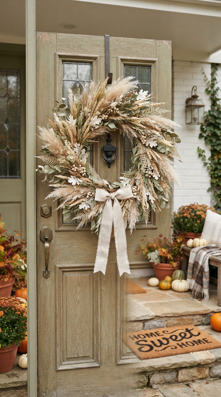 Neutral dried botanical fall wreath for modern front porch