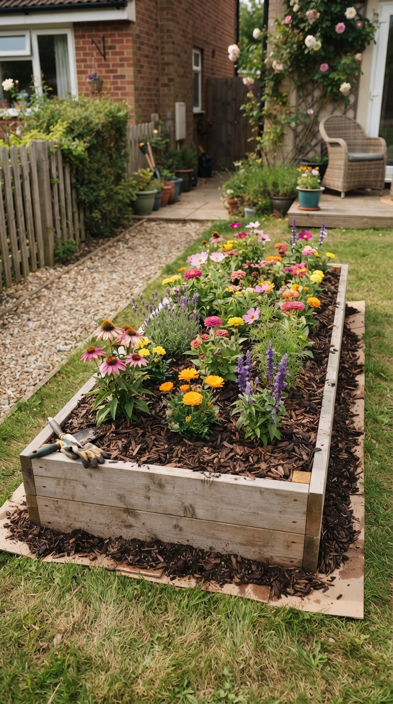 Small renter-friendly no-dig flower bed with compost and mulch