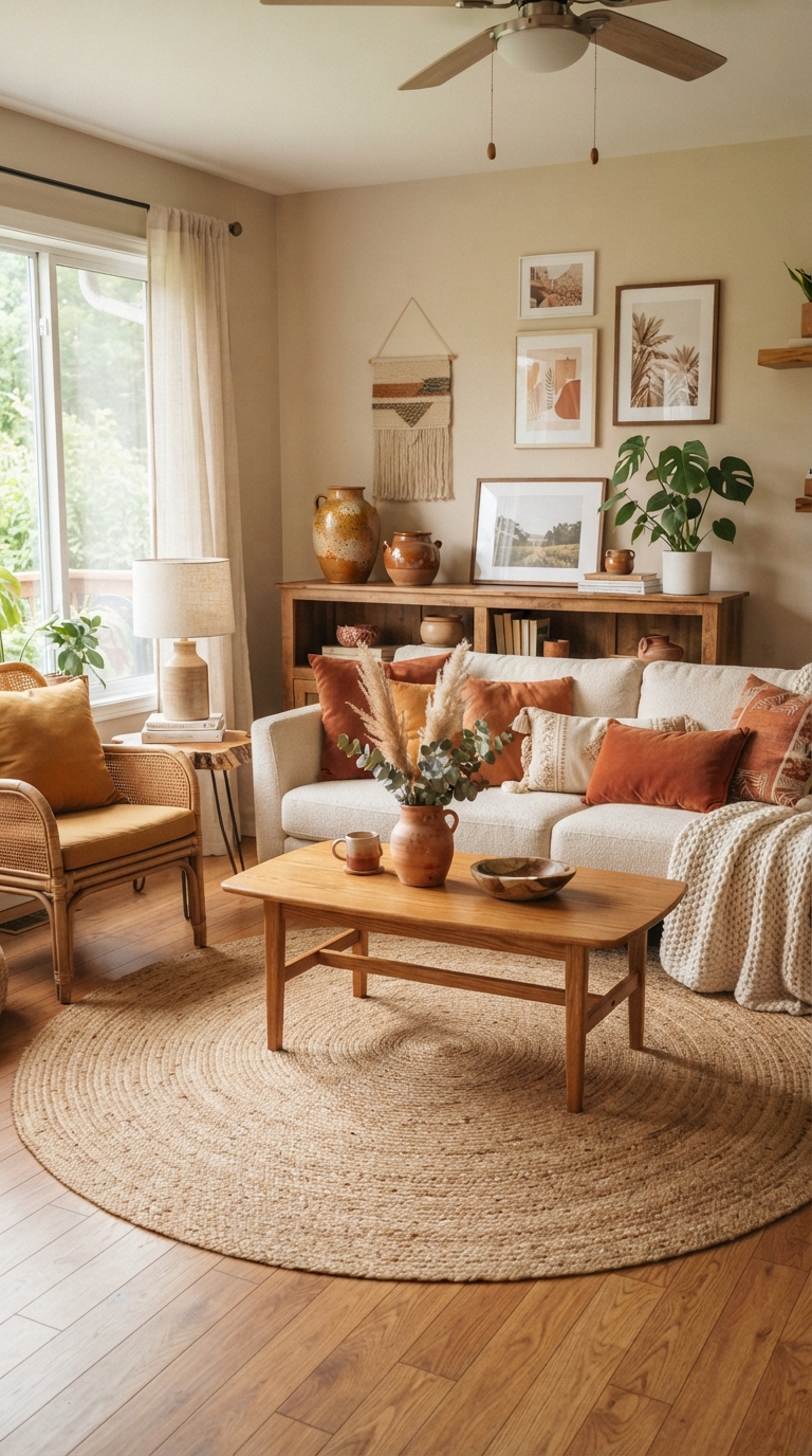 Ochre and terracotta accents styled in an earthy living room