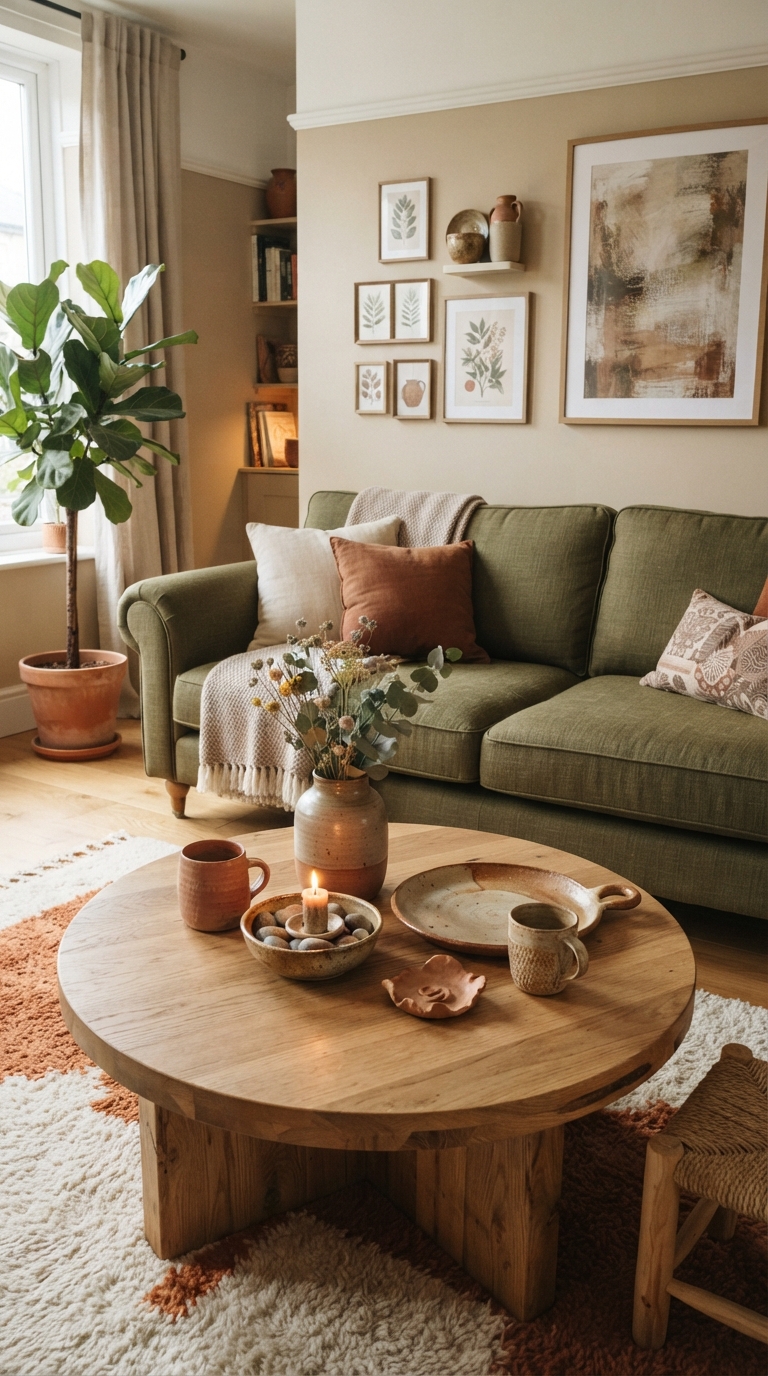Earthy living room with olive green sofa and clay pottery accents