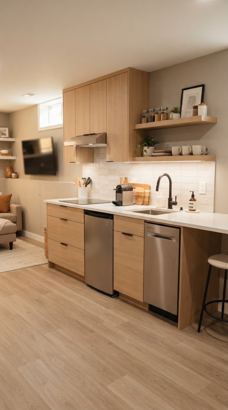 One-wall basement kitchenette layout idea for small spaces