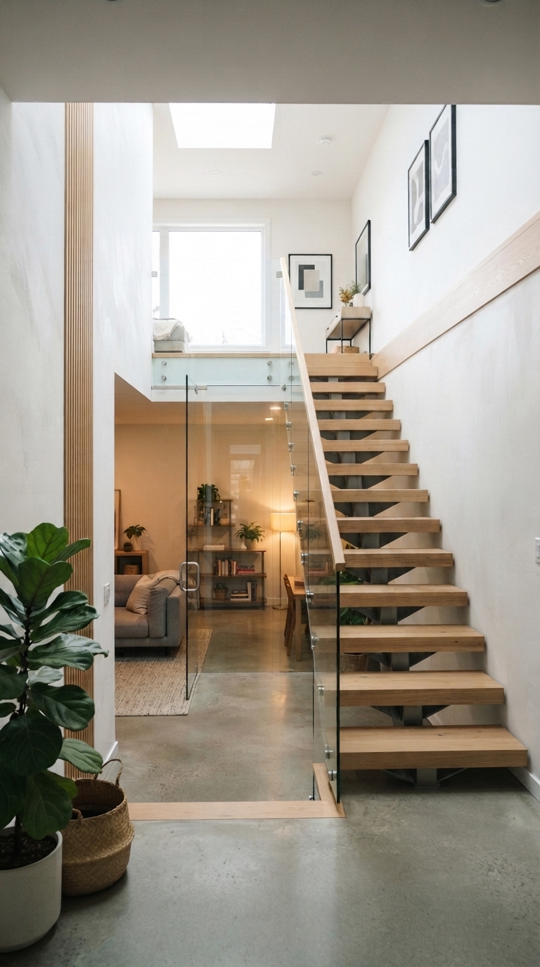 Open basement staircase with glass partition allowing natural light