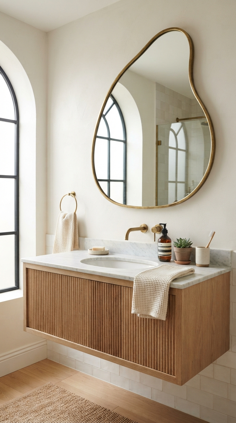 Organic-shaped mirror idea for a spa bathroom vanity