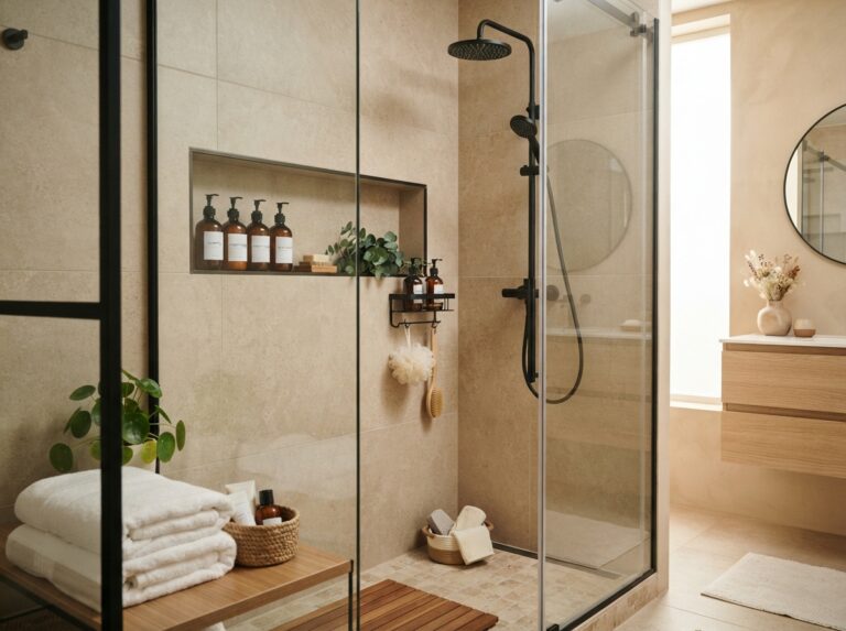 organized shower storage ideas with built-in niches and a modern spa-like bathroom