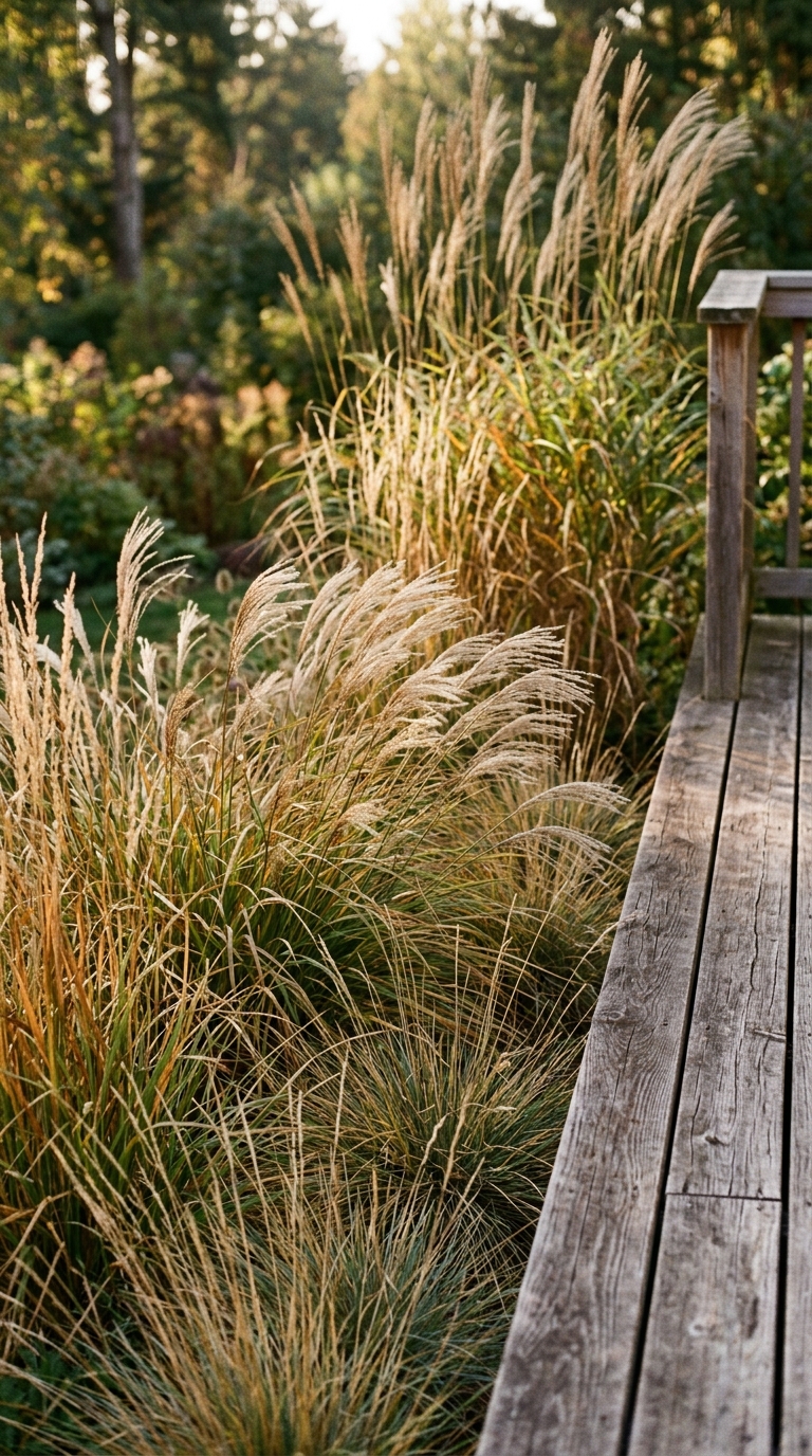 Layered ornamental grass border along a backyard deck