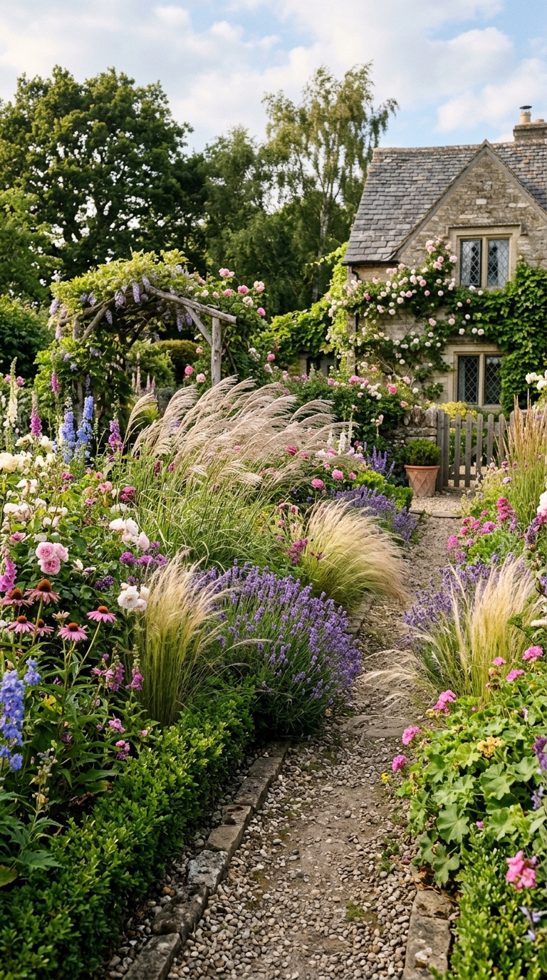 Layered ornamental grasses adding texture to an English garden bed