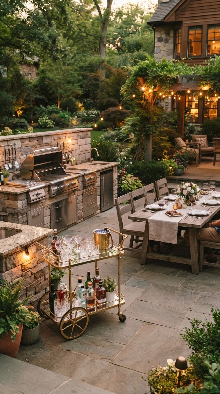 Outdoor kitchen and bar cart patio setup