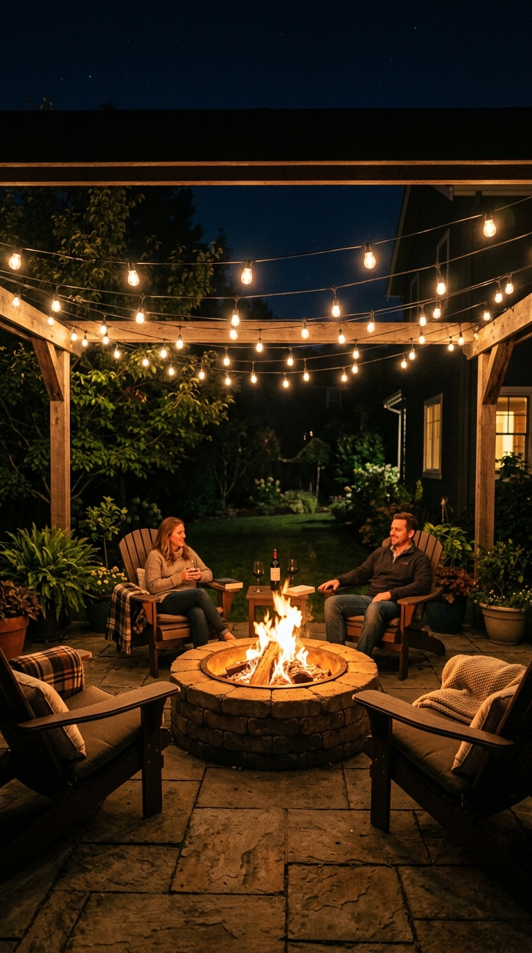 Overhead string lights combined with a glowing fire pit on a backyard patio