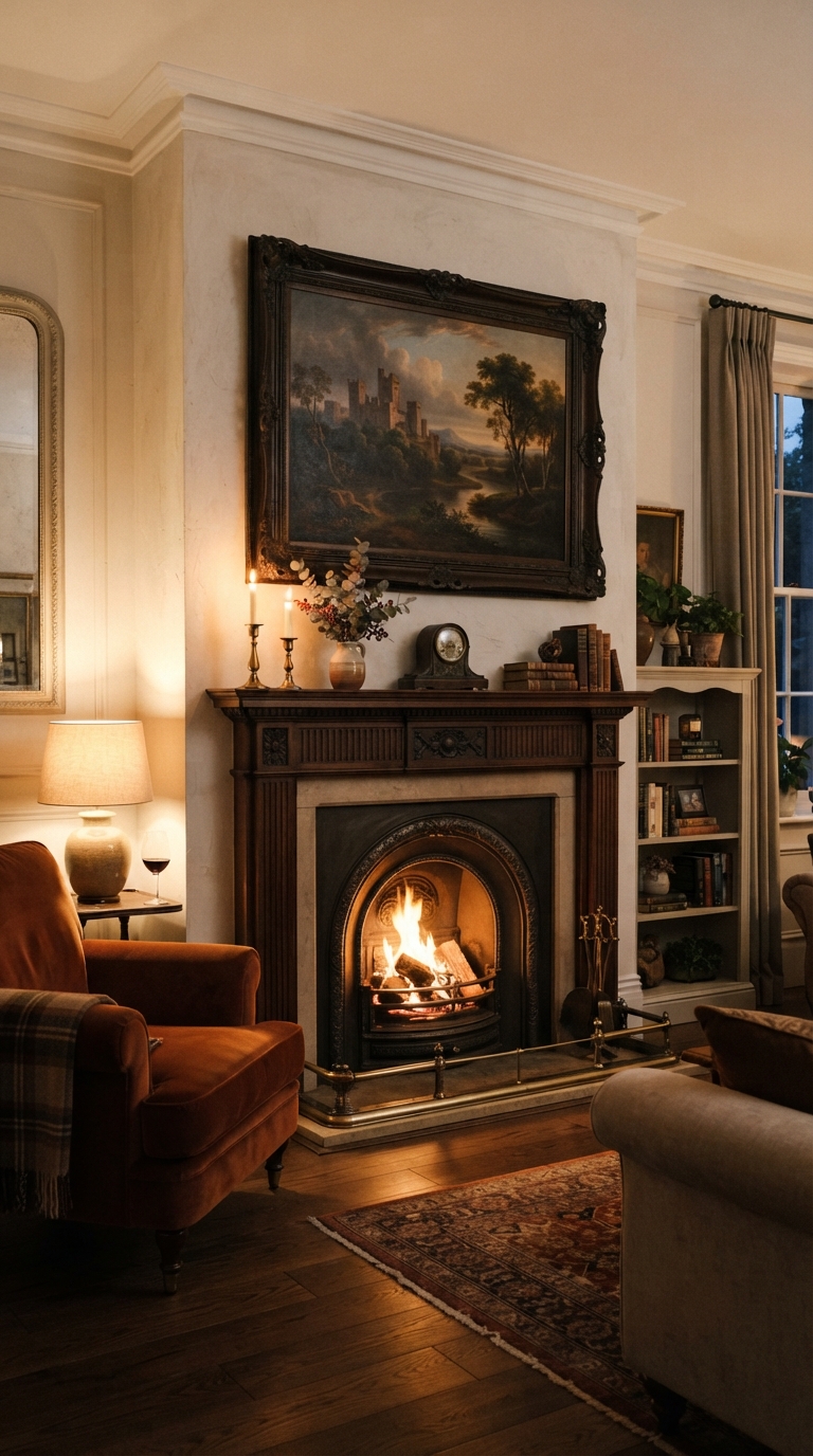 Large dark-framed oil painting displayed above a fireplace in an old money room