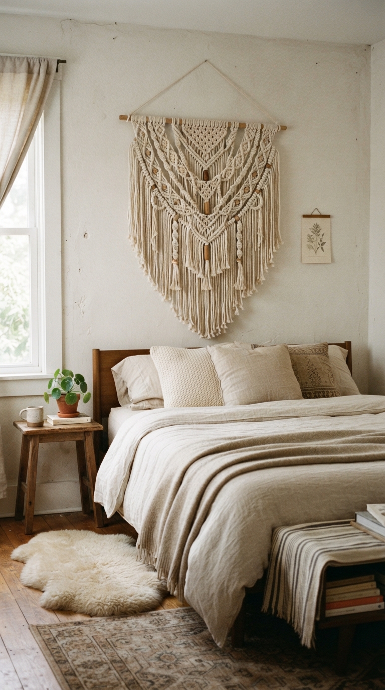 Oversized macramé wall hanging above a bed in a cozy teen girl bedroom