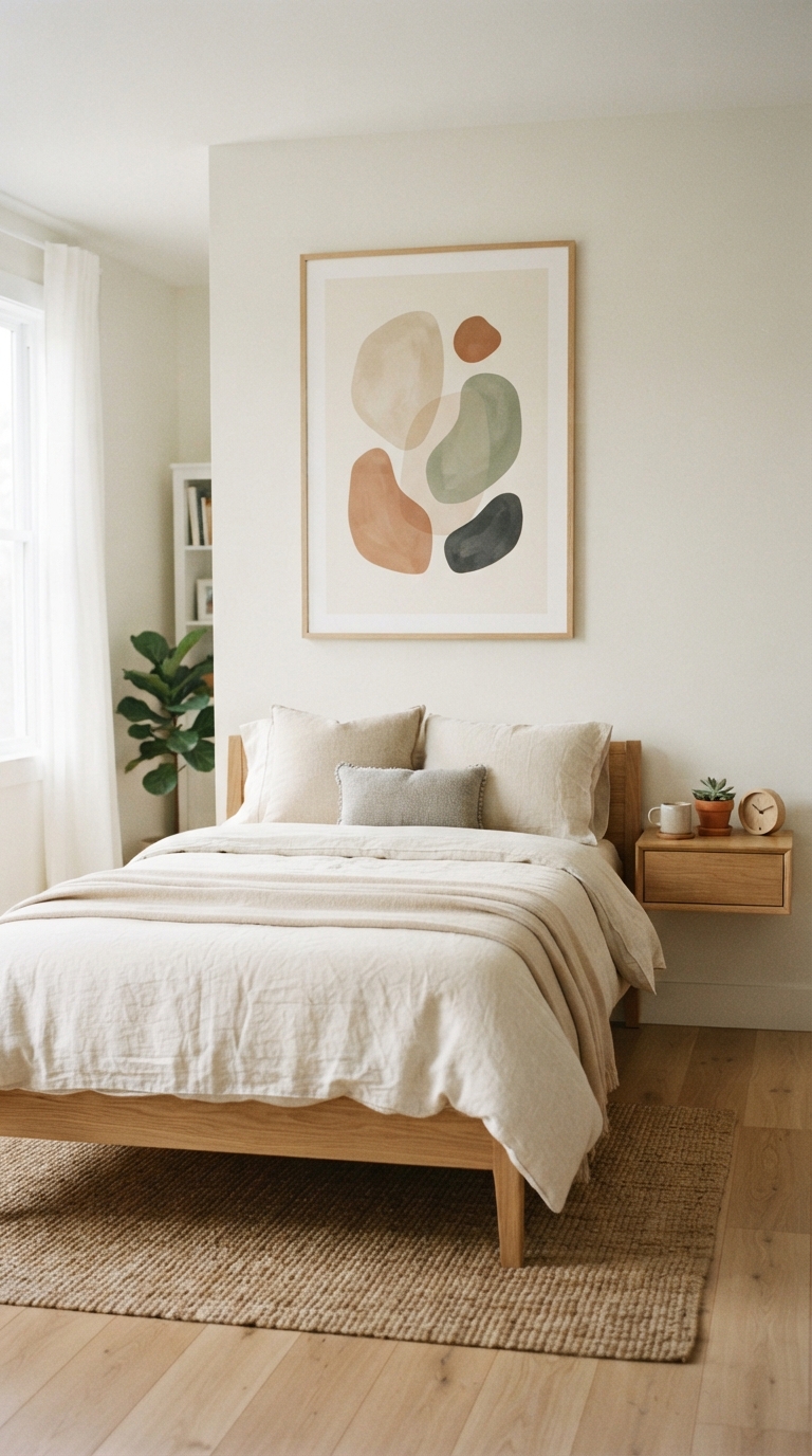 Large framed artwork displayed above a bed in a teen girl bedroom