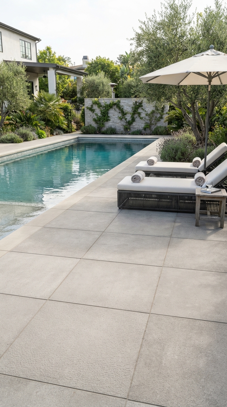 Oversized paver slabs on a backyard pool deck patio