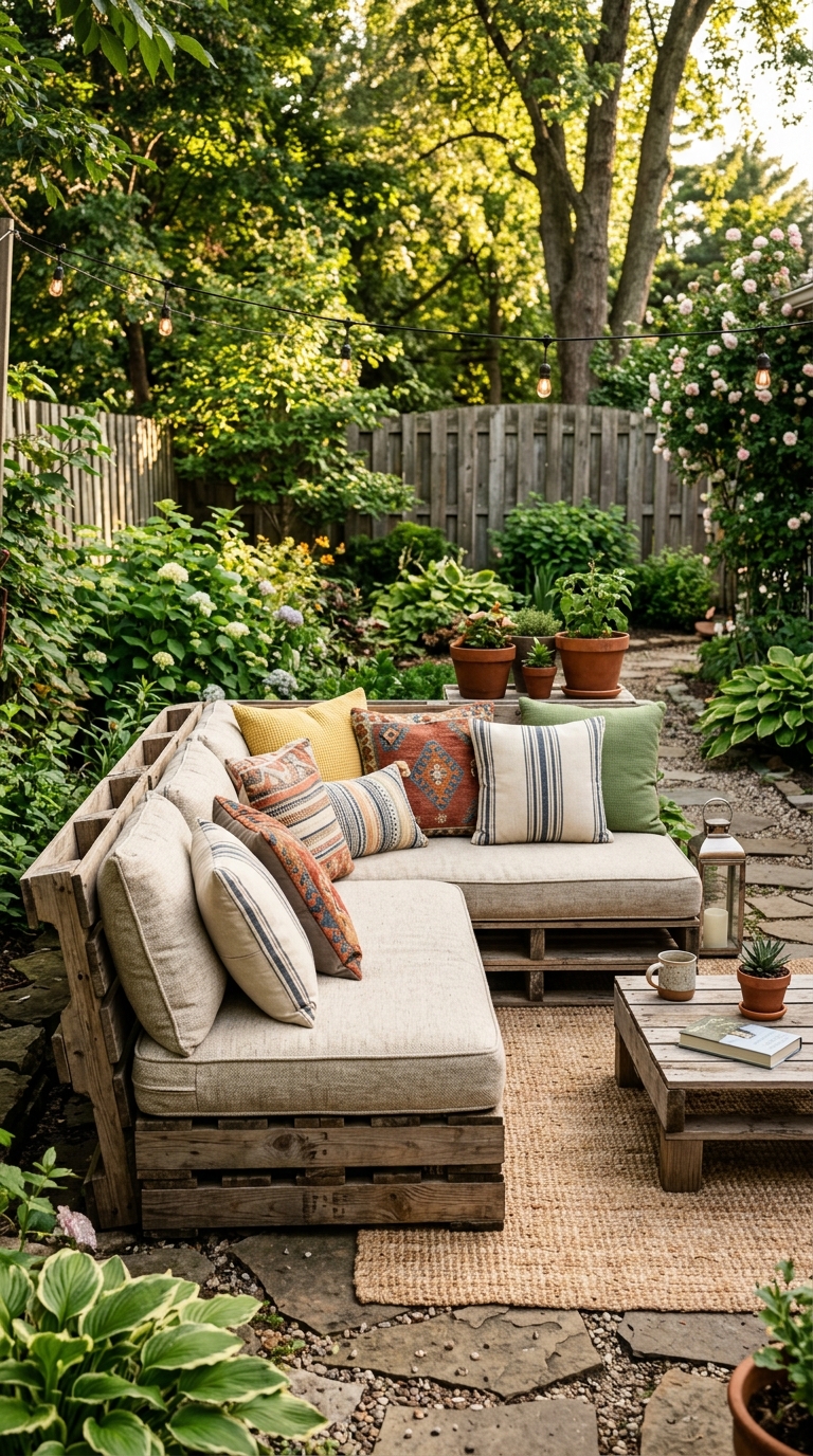 Budget DIY pallet furniture patio seating idea