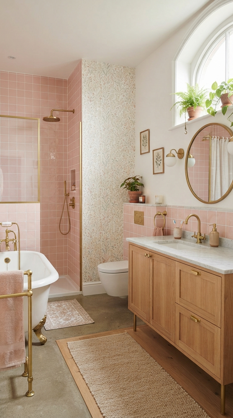 Pastel aesthetic bathroom with soft pink tile and brass fixtures