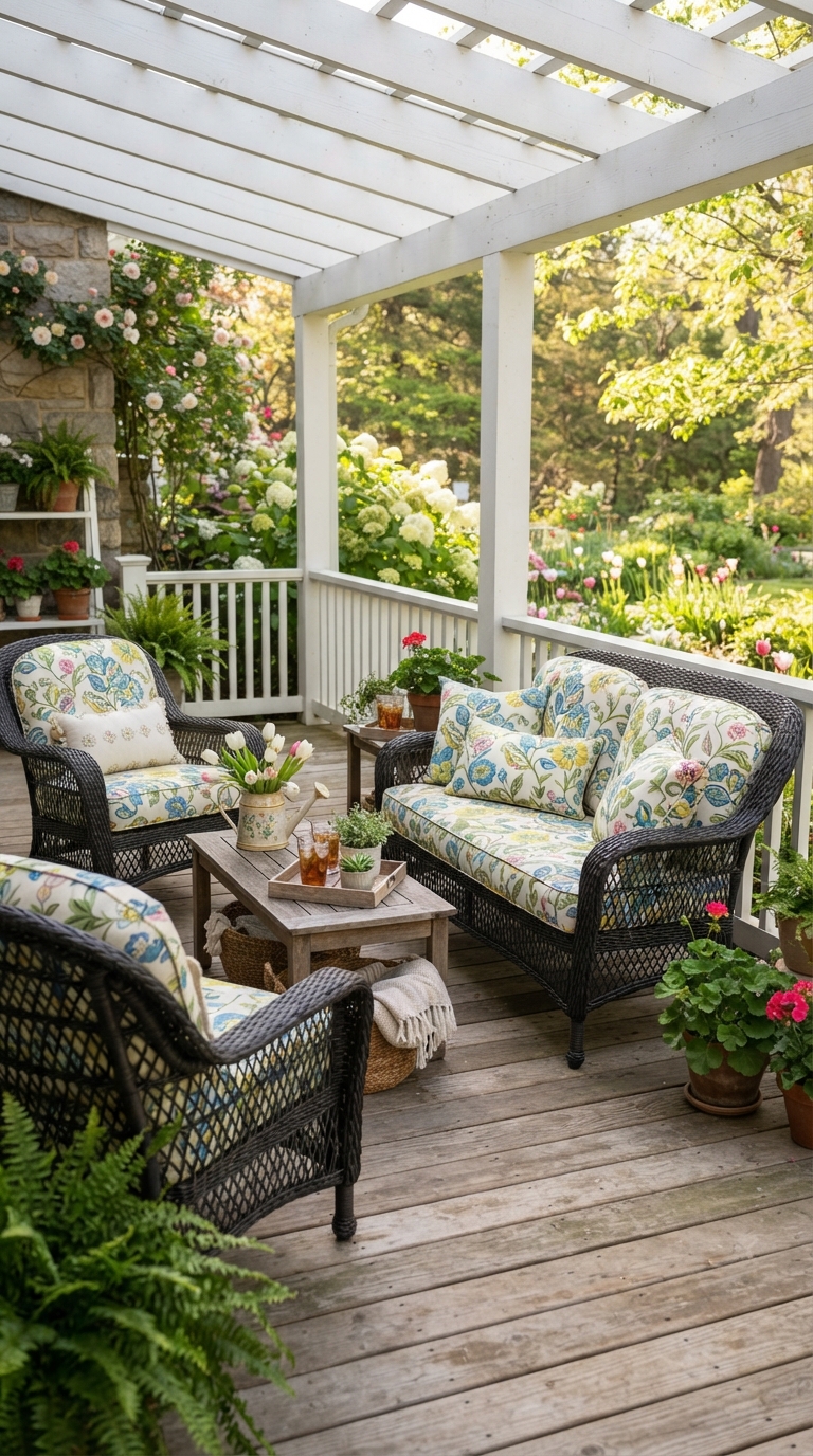 Patterned outdoor cushions refreshing porch seating for spring