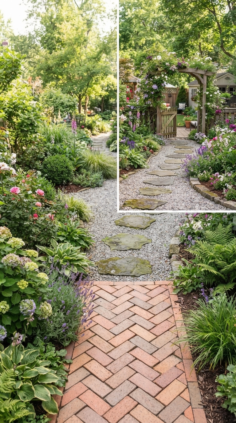 Herringbone paver patio transitioning into a gravel garden walkway