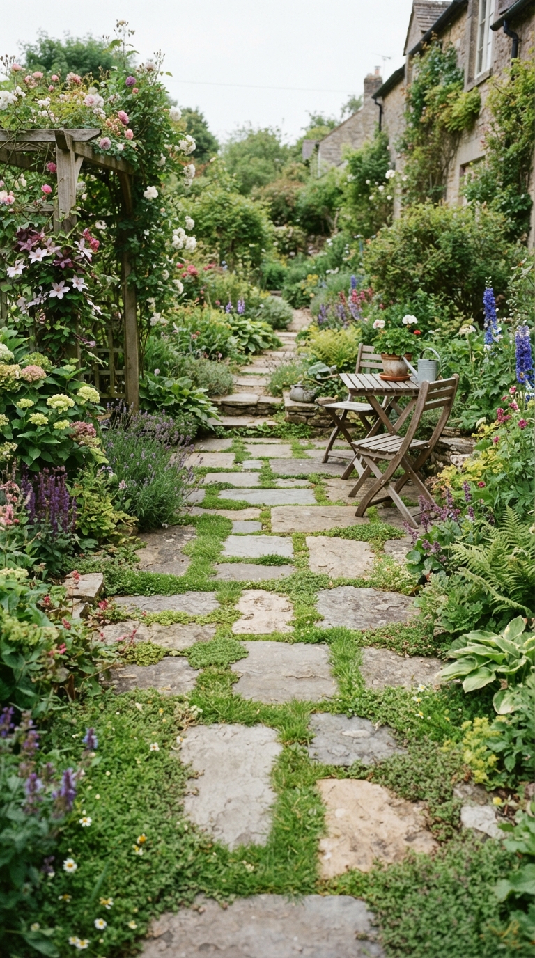 DIY paver patio with grass growing between stone joints