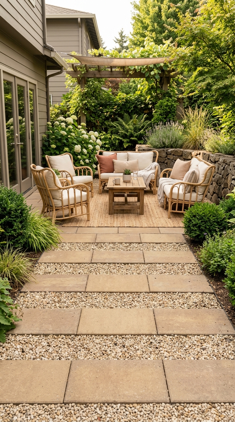 Paver patio with pea gravel accent bands for a budget-friendly look