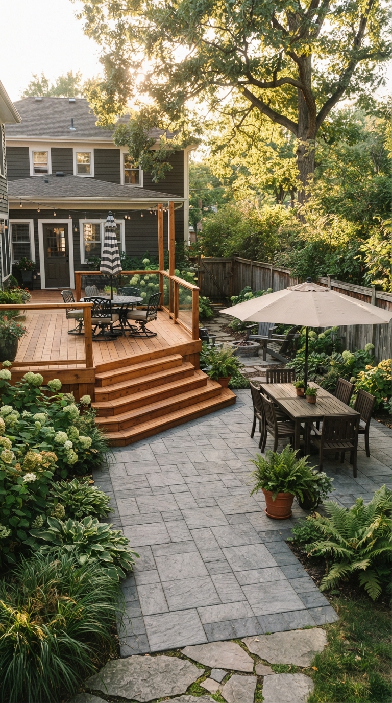 Backyard patio combining pavers with an adjoining wood deck