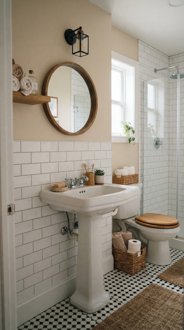 Budget-friendly peel-and-stick subway tile backsplash in a rental bathroom